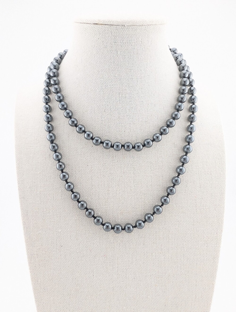 Vintage Long Hematite Hand Knotted Gemstone Beaded Necklace
